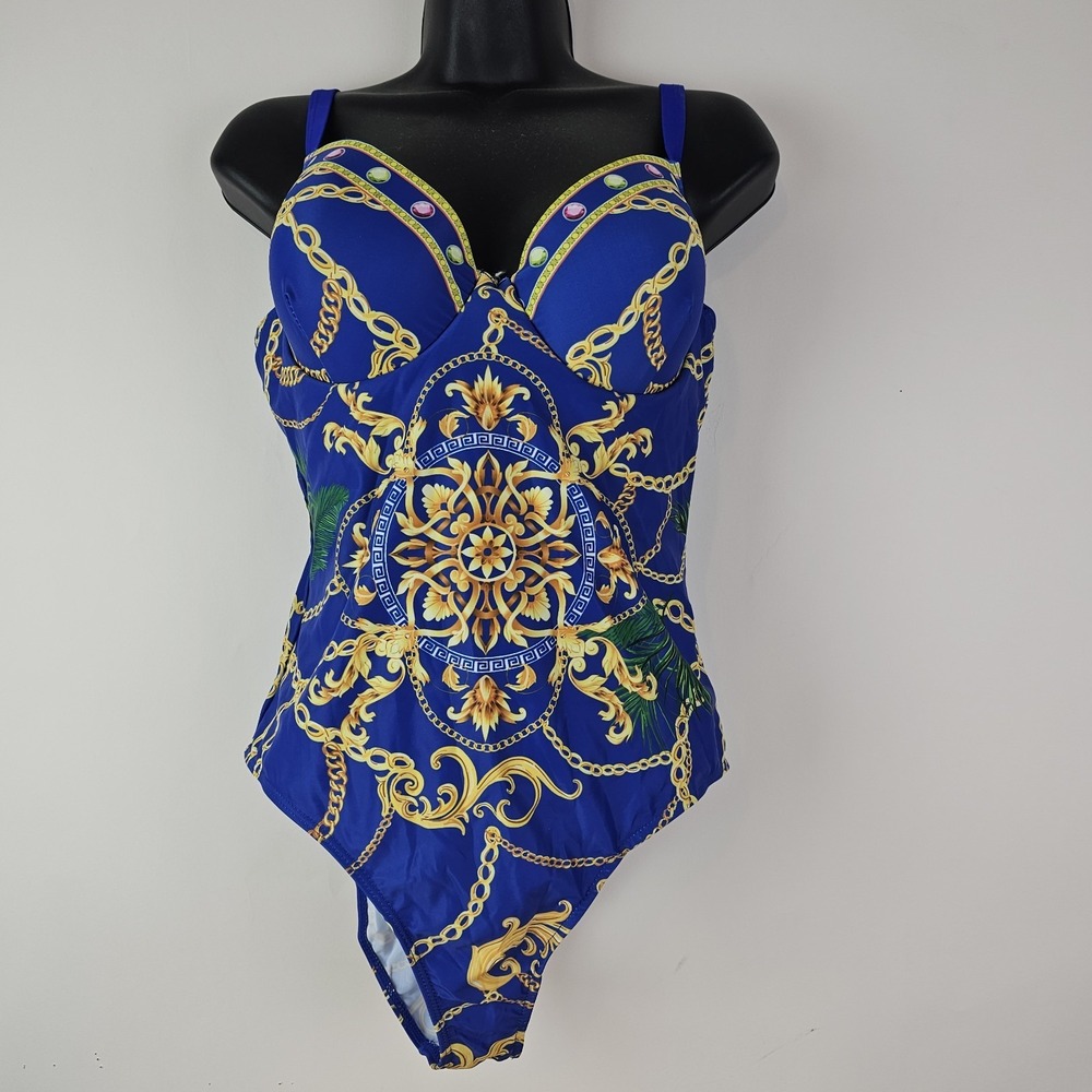 Ladies Blue Gold Swimsuit and Cover Up Sarong Tropical XL One Piece Bathing Suit - Picture 3 of 9